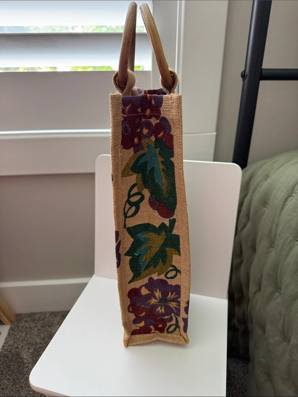 Hand-Painted Burlap Wine Tote with Wooden Handles -  reusable Grapes